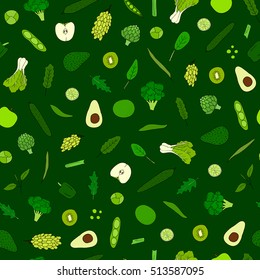 Seamless pattern with hand drawn green vegetables and fruits.