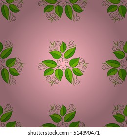 Seamless pattern with hand drawn green leaves on pink Background. Vector.