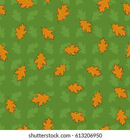 Seamless pattern with hand drawn green and orange leaves on green background.