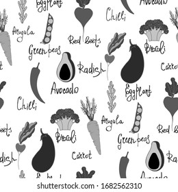 Seamless pattern of hand drawn grey vegetables.Hand drawn lettering.Vector illustration