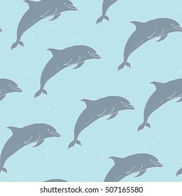 Seamless pattern with hand drawn grey dolphins on blue background. Vector illustration of marine mammals, isolated. Sea animals.