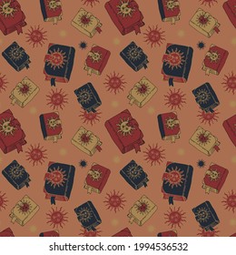 Seamless pattern with hand drawn grimoires with sun on cover. Vintage witch or magic spell books repeat texture. On pink earthy background.
