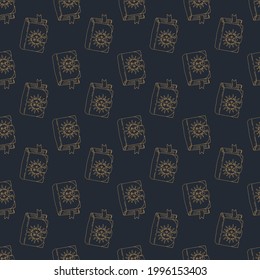 Seamless pattern with hand drawn grimoires with sun on cover. Vintage witch or magic spell books repeat texture. On blue background.