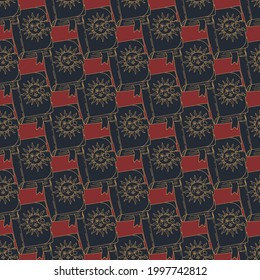 Seamless pattern with hand drawn grimoires with sun on cover. Vintage witch or magic spell books repeat texture. On red background.