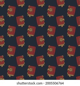 Seamless pattern with hand drawn grimoires with sun on cover. Vintage witch or magic spell books repeat texture. On blue background.