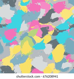Seamless Pattern Hand Drawn Grunge Stroke Brushes. Trendy Design for Textile, Dress, Wallpaper, Tile, Card. Summer and Spring Colors. Soft Print.  Abstract Background. Vector Illustration.