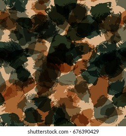 Seamless Pattern Hand Drawn Grunge Stroke Brushes. Modern Camouflage Print, Military Style. Trendy Design for Textile, Dress, Wallpaper, Tile, Card.  Abstract Background. Vector Illustration. 