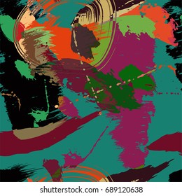 Seamless Pattern Hand Drawn Grunge Stroke Brushes. Crazy color combination. Extraordinary palette. Trendy Design for Textile, Dress, Wallpaper, Tile, Card. Abstract Background. Vector Illustration.