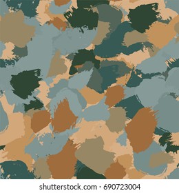 Seamless Pattern Hand Drawn Grunge Stroke Brushes. Modern Camouflage Print, Military Style. Trendy Design for Textile, Dress, Wallpaper, Tile, Card.  Abstract Background. Vector Illustration. 