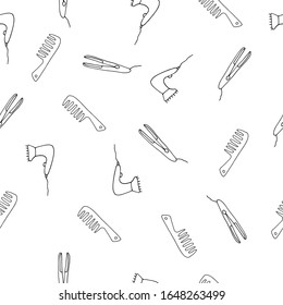 Seamless pattern with hand drawn hair dryer and comb. Decorative doodle element for fabric and wrapping paper. Set beauty makeup for cute girls. Vector illustration isolated on a white background.