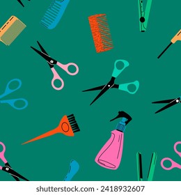 Nahtloses Muster mit handgezeichneten Friseursalonobjekten auf dunklem Hintergrund. Vektorgrafik von Haarbürste, Schere.Tapete, Textilien, Verpackungspapier Design-Vorlage. 