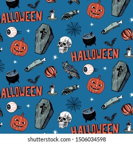 Seamless pattern Hand drawn Halloween set. Vector illustration pumpkin, skull, bat, spider, coffin, candle, zombie hand, dead finger, web, owl and evil eye. Sketch design objects