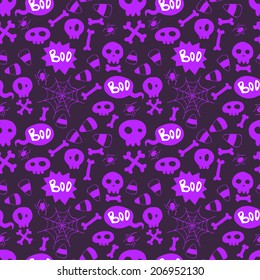 Seamless pattern with hand drawn halloween doodles.  Childish tiling background with cartoon spooky  skulls, bones and spider webs.