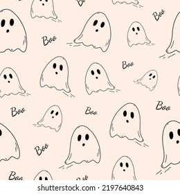 Seamless pattern with hand drawn halloween ghosts doodle style, vector illustration on light background. Holiday design, decorative wrapping or packaging