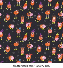 Seamless pattern with hand drawn halloween pumpkins with eyes and legs in costumes. Autumn holiday background with eerie cartoon characters. Spooky October wallpaper