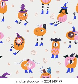 Seamless pattern with hand drawn halloween pumpkins with eyes and legs in costumes. Autumn holiday background with eerie cartoon characters. Spooky October wallpaper