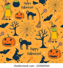 Seamless pattern with hand drawn halloween doodles. Used for wallpaper, pattern fills, web page background,surface textures.