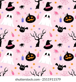 Seamless pattern with hand drawn Halloween. Background for textile,wrapping paper, fashion, illustration.