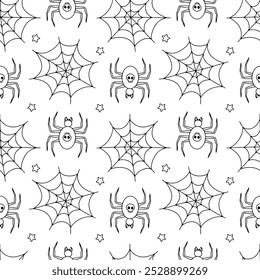 Padrão contínuo com aranhas de Halloween desenhadas à mão e teia de aranha. Plano de fundo de repetição assustador de arte em linha.