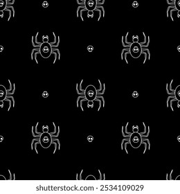 Seamless pattern with hand drawn Halloween spiders. Line art spooky repeat background.