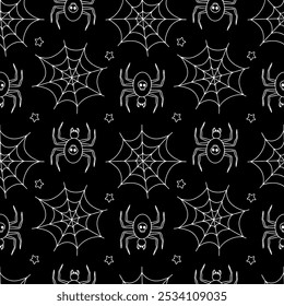 Padrão contínuo com aranhas de Halloween desenhadas à mão e teia de aranha. Plano de fundo de repetição assustador de arte em linha.