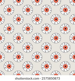 Seamless pattern with hand drawn Halloween eyeballs. Line art spooky repeat background.
