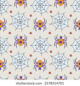 Seamless pattern with hand drawn Halloween spiders and cobweb. Line art spooky repeat background.