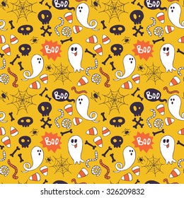 Seamless pattern with hand drawn halloween doodles. Childish tiling background with cartoon spooky ghosts, skulls, bones, spider and candy corns.

