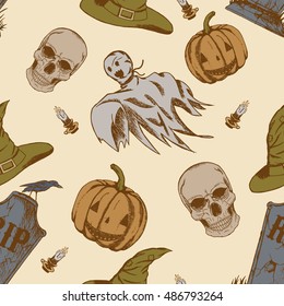 Seamless pattern with hand drawn halloween doodles
