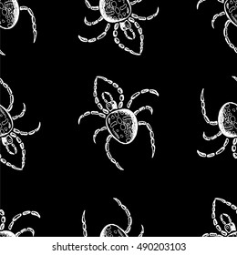 Seamless pattern, hand drawn halloween attributes, white spiders on a black background