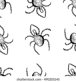 Seamless pattern, hand drawn halloween attributes, black spiders