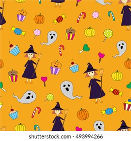 Seamless pattern. hand drawn halloween doodles cartoons with colorful ghosts, pumpkins, candy, cupcake and cute witch holding broom on orange background. 