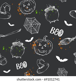 Seamless pattern with hand drawn Halloween elements