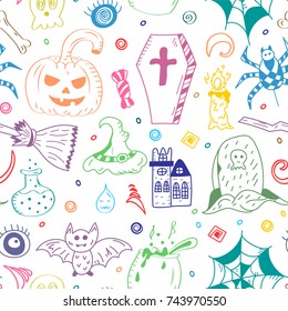 Seamless Pattern of Hand Drawn Halloween Symbols. Colorful Doodle Drawings of Bat, Pumpkin, Ghost, Spider, Grave isolated on White. Vector Illustration.