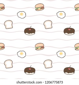 Seamless Pattern of Hand Drawn Hamburger, Fried Egg, Bread and Cake Design on White Background with Wavy Lines
