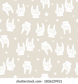 Seamless pattern with hand drawn hands with Cool signs and stars. Retro style vector background