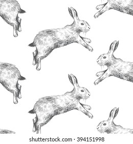 Seamless pattern with hand drawn hares