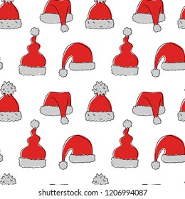 Seamless pattern with hand drawn hats of Santa Claus. 