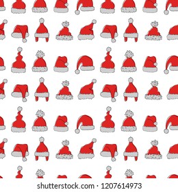 Seamless pattern with hand drawn hats of Santa Claus. Vector illustration.