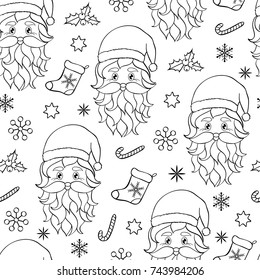 Seamless pattern with hand drawn head of Santa on white background.Coloring page for kids and adult.
