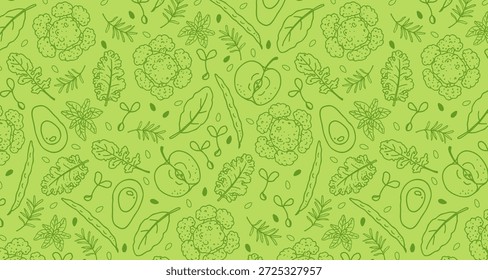 Patrón sin fisuras con Elementos de alimentos saludables dibujados a mano, aguacate, coliflor, verduras de hoja, hierbas sobre fondo verde fresco, textura de dieta vegana orgánica para embalaje, Fondo de pantalla, textil, diseño de papel de embalaje.