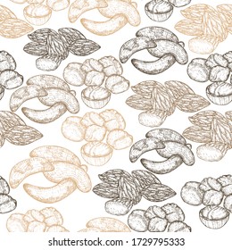 Seamless Pattern with Hand Drawn Heaps of Almond, Brazil and macadamia nuts. Colored Sketch Like Illustrations of Nuts Placed on White Background. Seamless Pattern for Fabric, Packaging Paper and such