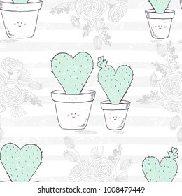 Seamless pattern with hand drawn heart shaped family of cactuses with a baby. Romantic floral background. Vector illustration