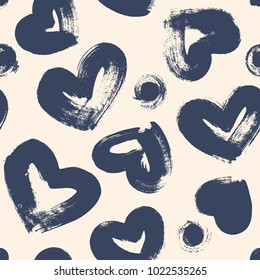 Seamless pattern with hand drawn heart. Hearts painted dry brush. Ink illustration. Ornament for wrapping paper. 