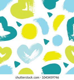 Seamless pattern with hand drawn heart. Hearts painted dry brush.