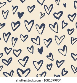 Seamless pattern with hand drawn heart. Hearts painted dry brush. Ink illustration. Ornament for wrapping paper.
