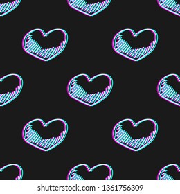 Seamless pattern of hand drawn heart. Black background for web design