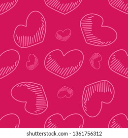 Seamless pattern of hand drawn heart. Pink background for web design