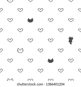 Seamless Pattern with Hand Drawn Heart and Cartoon Cat Design on White Background