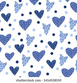 seamless pattern of hand drawn heart with spots in blue tone on white background